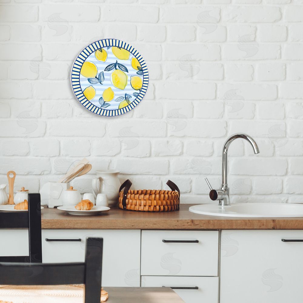 Lanie Loreth Lemon Fruit Pattern with Stripes Circular Wall Plaque Art Print in Room