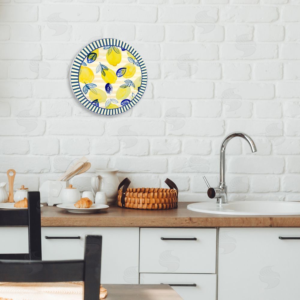 Lanie Loreth Fun Lemons & Leaves with Stripes Circular Wall Plaque Art Print in Room
