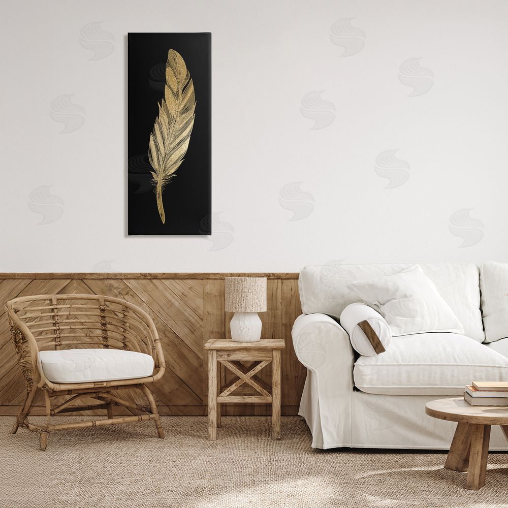 Kim Allen Glam Feather Black & Gold Stretched Canvas Wall Art Print in Room