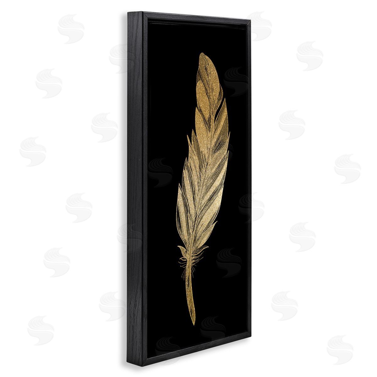 Kim Allen Glam Feather Black & Gold Black Floating Frame Canvas Wall Art Print
