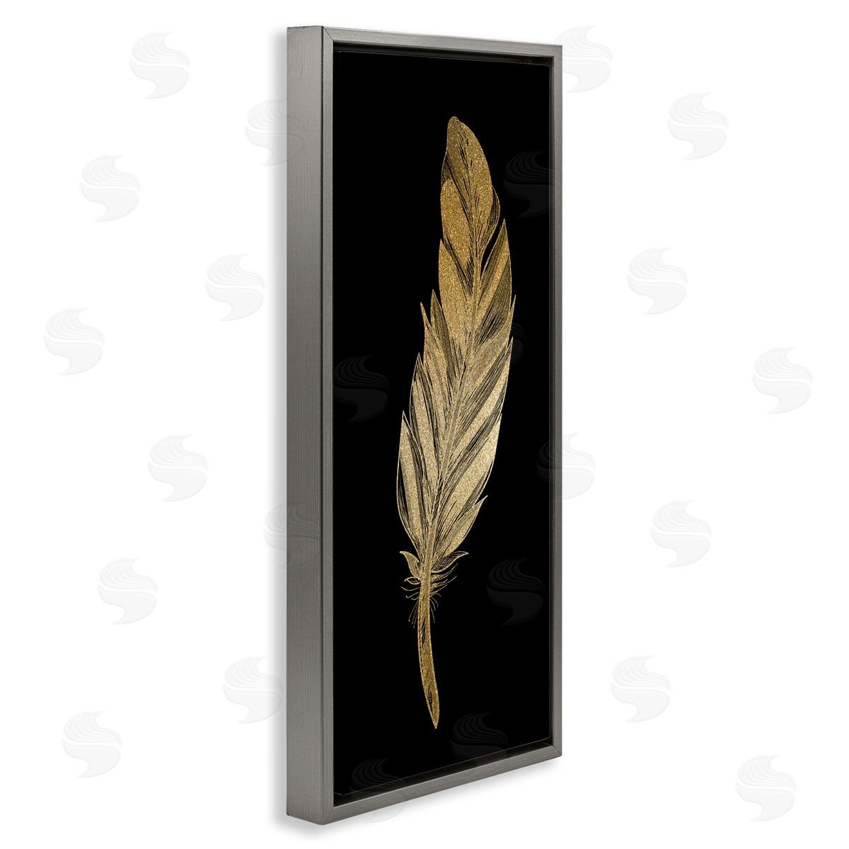 Kim Allen Glam Feather Black & Gold Gray Floating Frame Canvas Wall Art Print