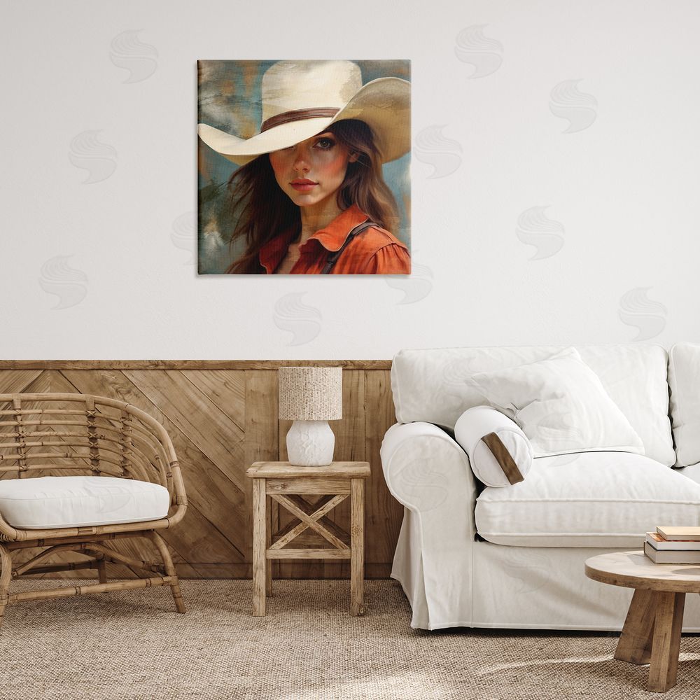 Kim Allen Cowgirl Gaze Beneath Hat Stretched Canvas Wall Art Print in Room