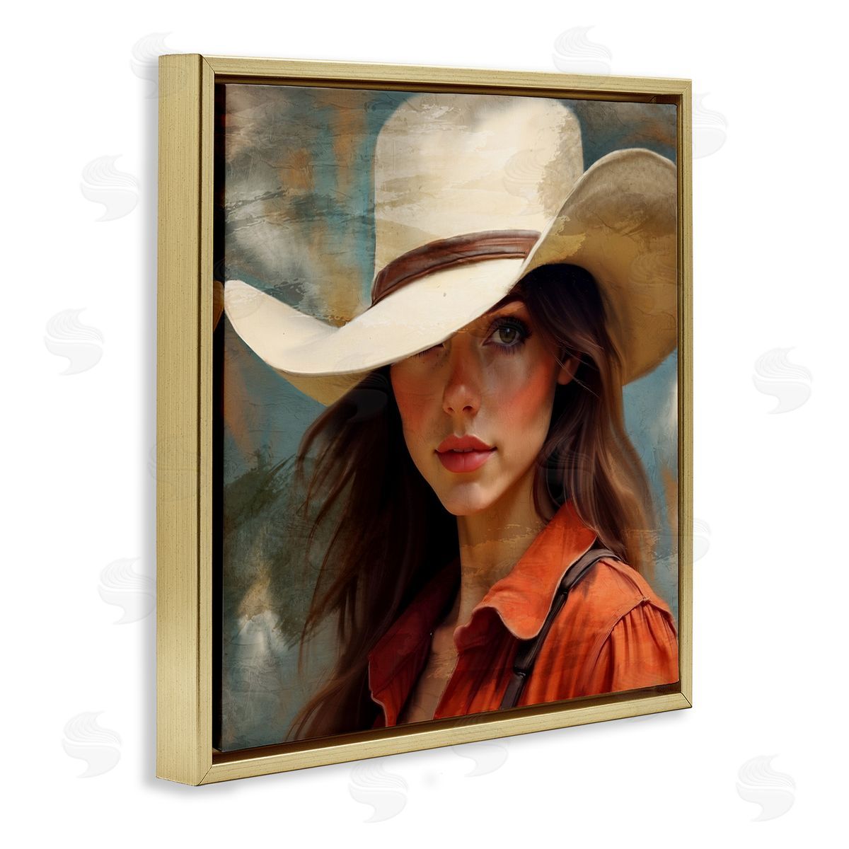 Kim Allen Cowgirl Gaze Beneath Hat Gold Floating Frame Canvas Wall Art Print