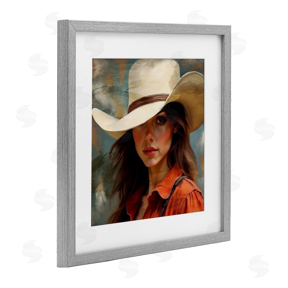 Kim Allen Cowgirl Gaze Beneath Hat Gray Framed Print Under Glass Wall Art