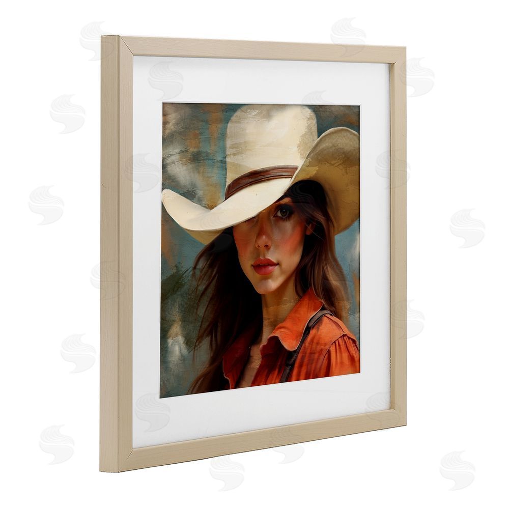 Kim Allen Cowgirl Gaze Beneath Hat Brown Framed Print Under Glass Wall Art