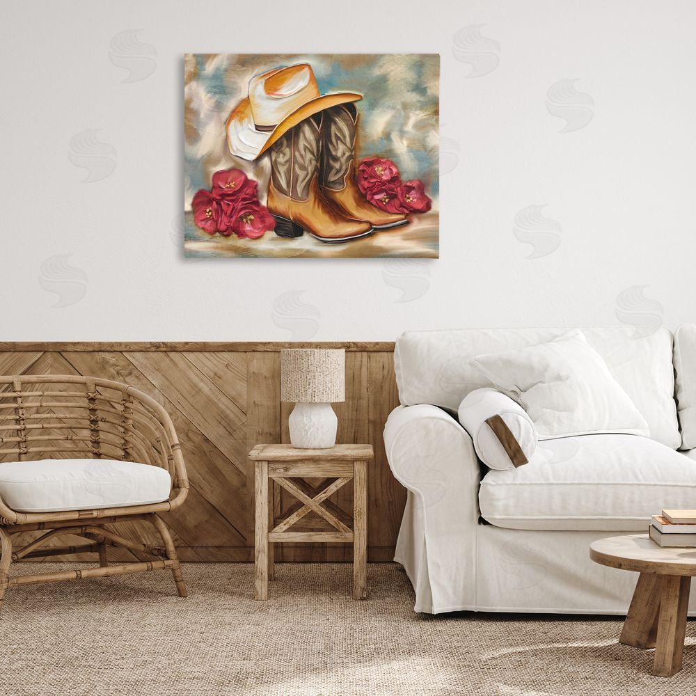 Kim Allen Boots & Floral Bunches Stretched Canvas Wall Art Print in Room