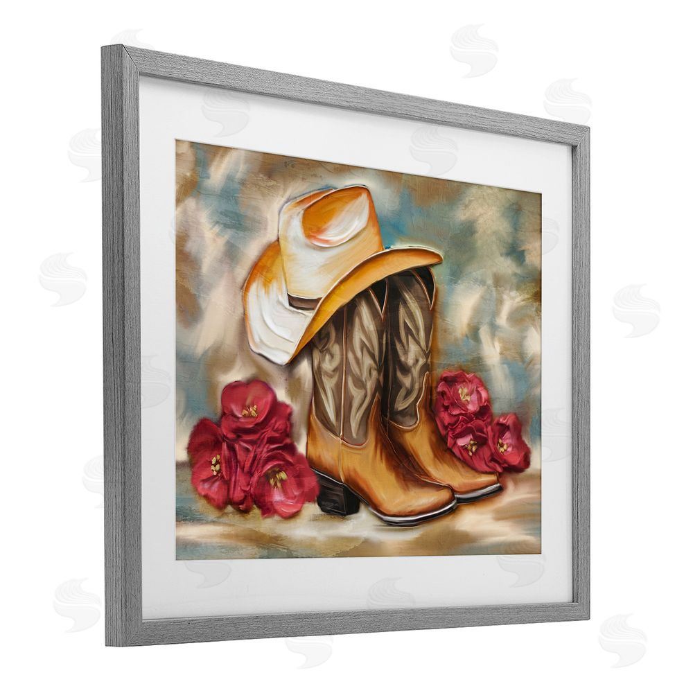 Kim Allen Boots & Floral Bunches Gray Framed Print Under Glass Wall Art