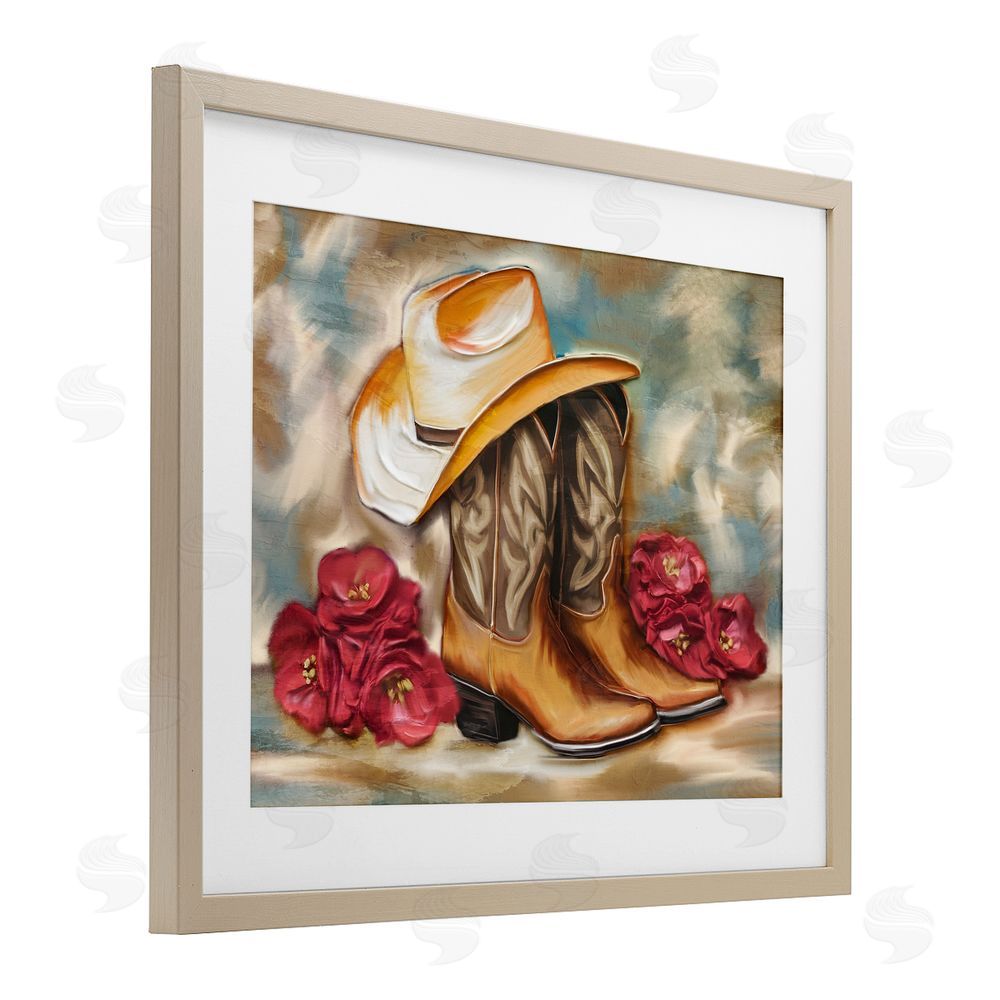 Kim Allen Boots & Floral Bunches Brown Framed Print Under Glass Wall Art