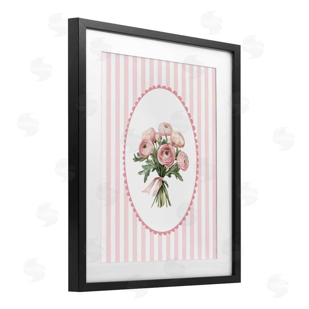 Christine Simpson Art Peony Bouquet on Gentle Stripes Black Framed Print Under Glass Wall Art