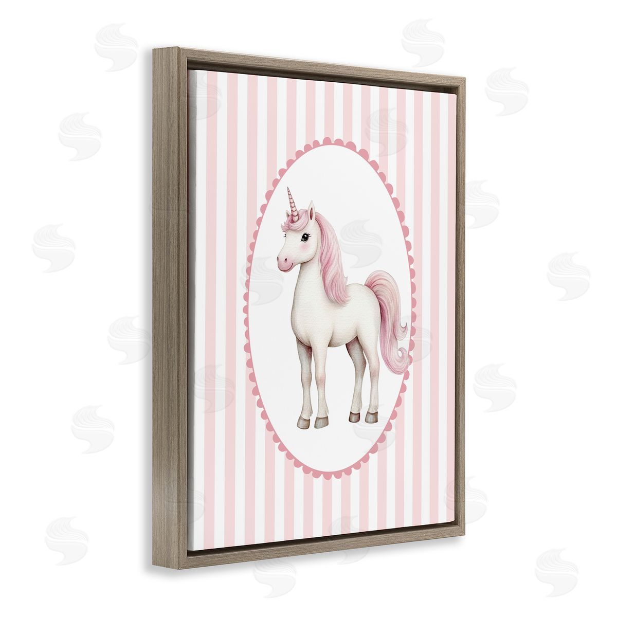 Christine Simpson Art Gentle Unicorn on Pink Stripes Brown Floating Frame Canvas Wall Art Print