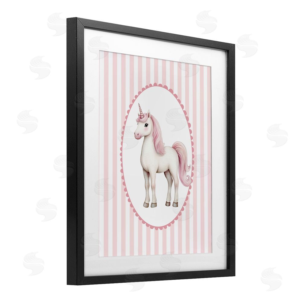 Christine Simpson Art Gentle Unicorn on Pink Stripes Black Framed Print Under Glass Wall Art