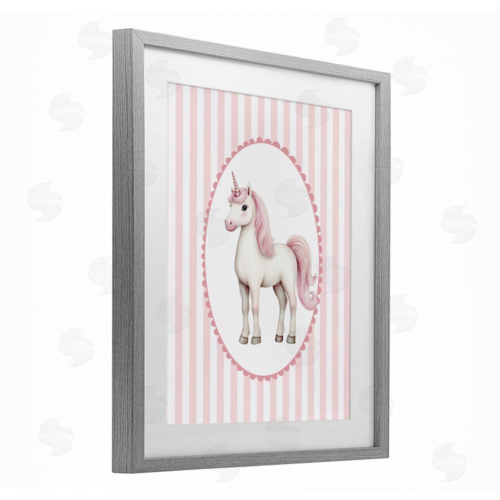 Christine Simpson Art Gentle Unicorn on Pink Stripes Gray Framed Print Under Glass Wall Art
