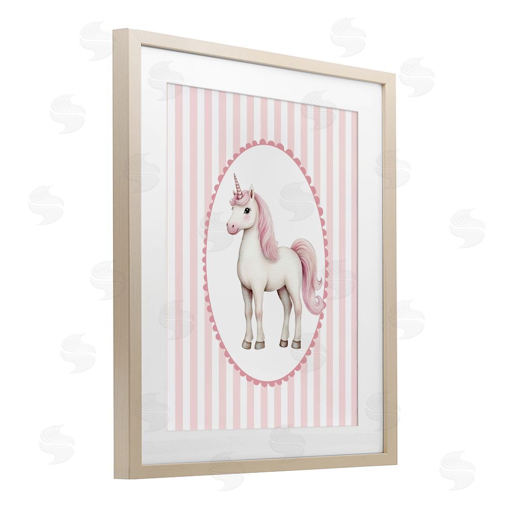 Christine Simpson Art Gentle Unicorn on Pink Stripes Brown Framed Print Under Glass Wall Art