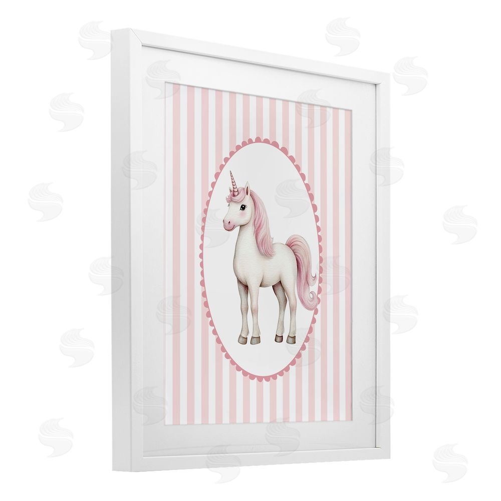Christine Simpson Art Gentle Unicorn on Pink Stripes White Framed Print Under Glass Wall Art