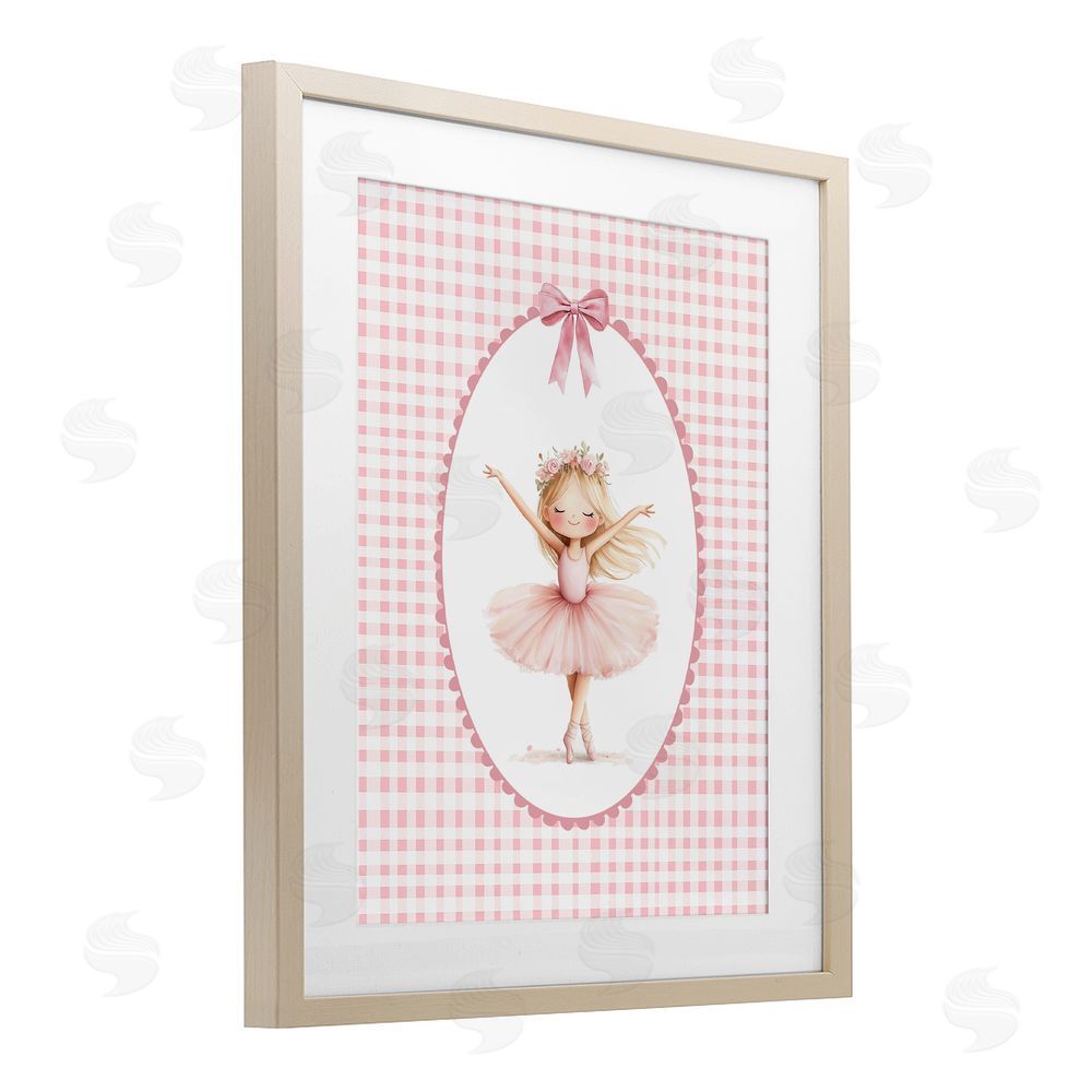 Christine Simpson Art Ballerina on Pink Checkered Brown Framed Print Under Glass Wall Art