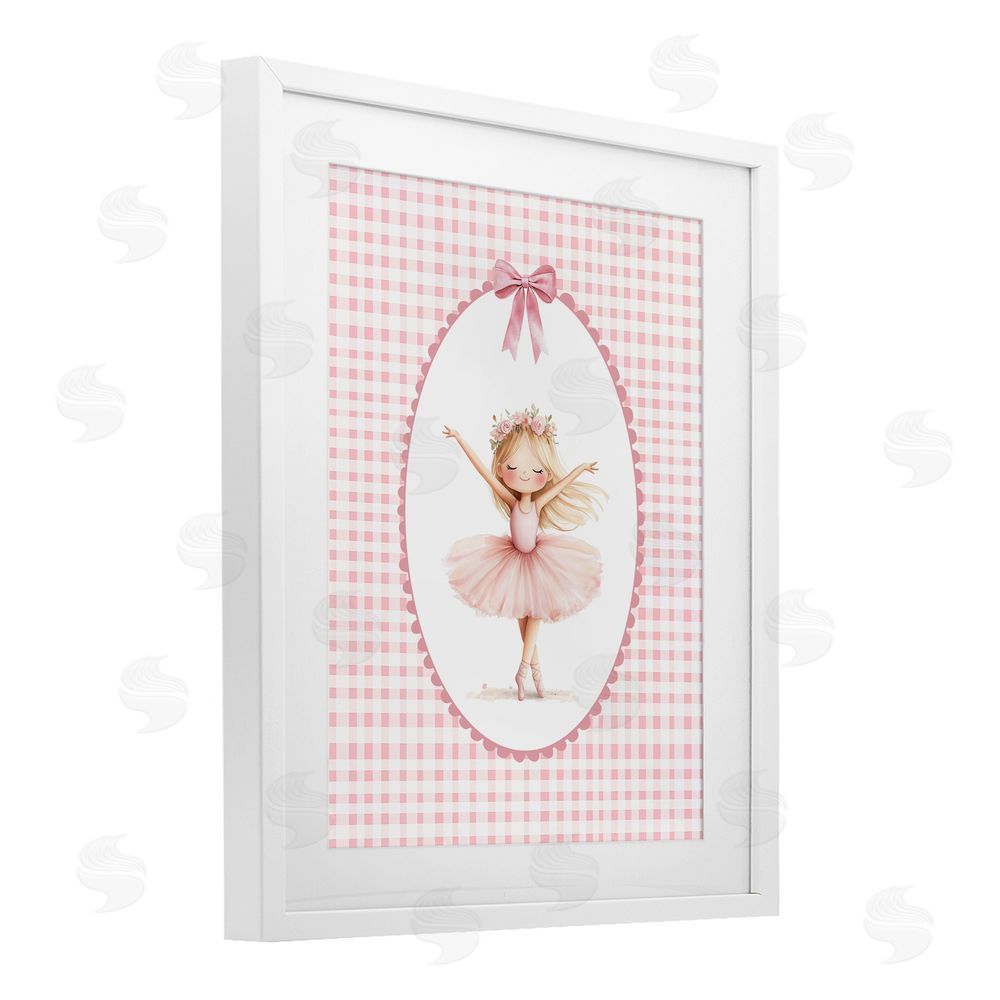 Christine Simpson Art Ballerina on Pink Checkered White Framed Print Under Glass Wall Art