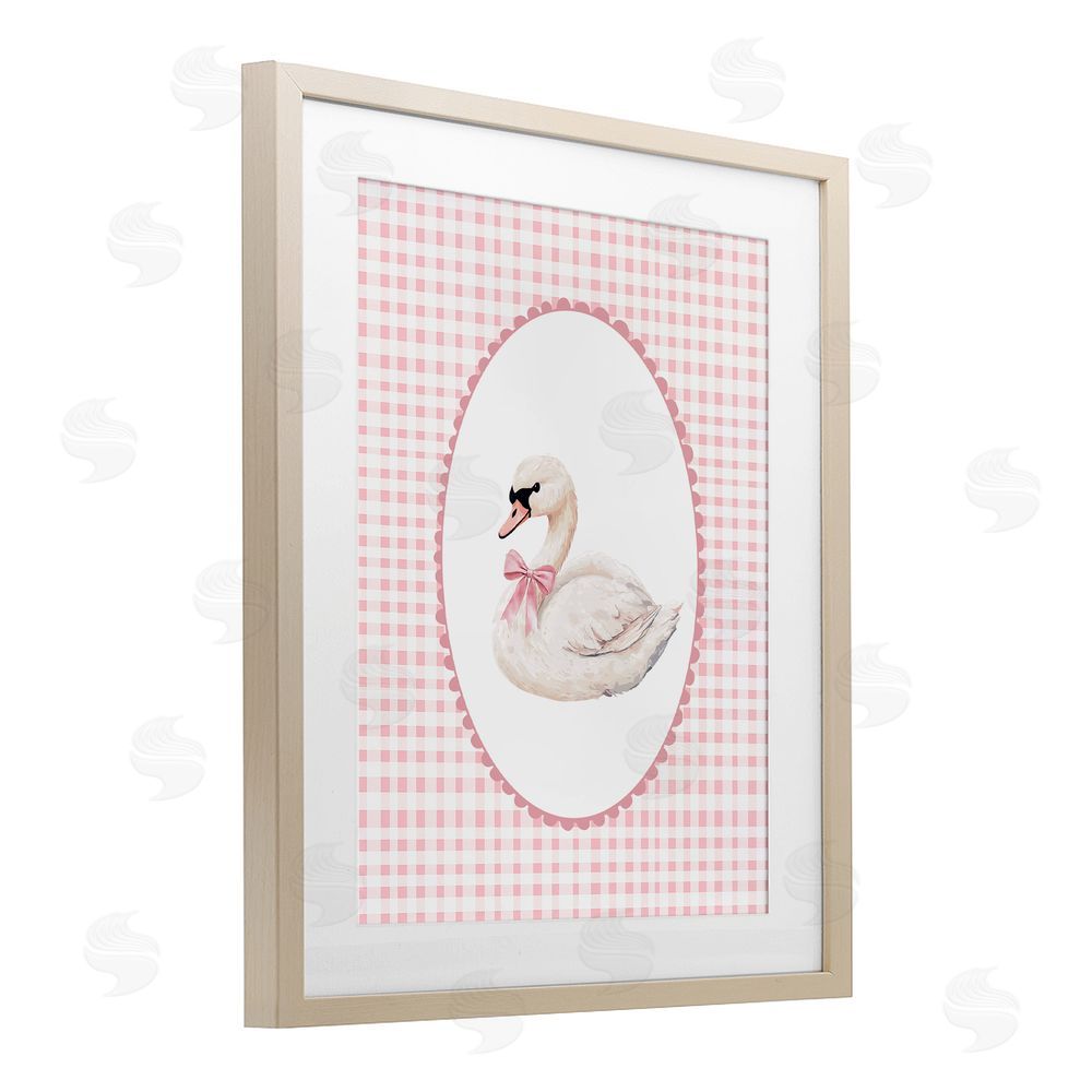 Christine Simpson Art Gentle Swan on Pink Checkered Brown Framed Print Under Glass Wall Art