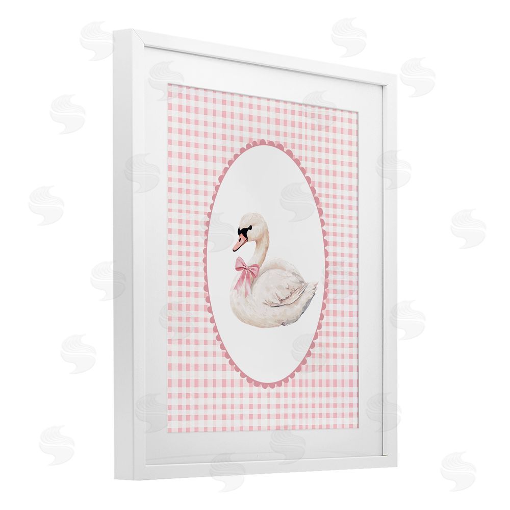 Christine Simpson Art Gentle Swan on Pink Checkered White Framed Print Under Glass Wall Art