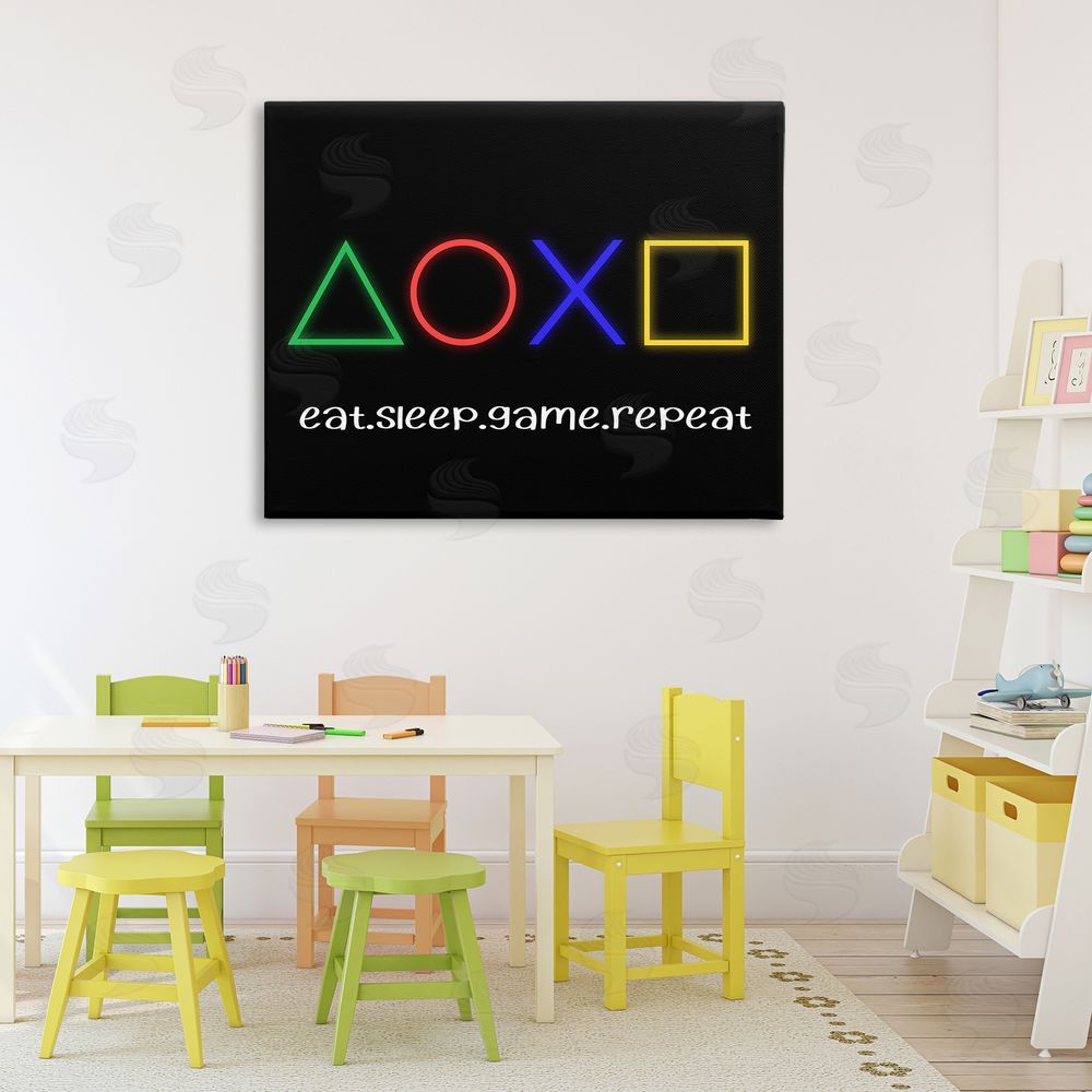 Christine Simpson Art Neon Gaming Symbols & Words Stretched Canvas Wall Art Print in Room
