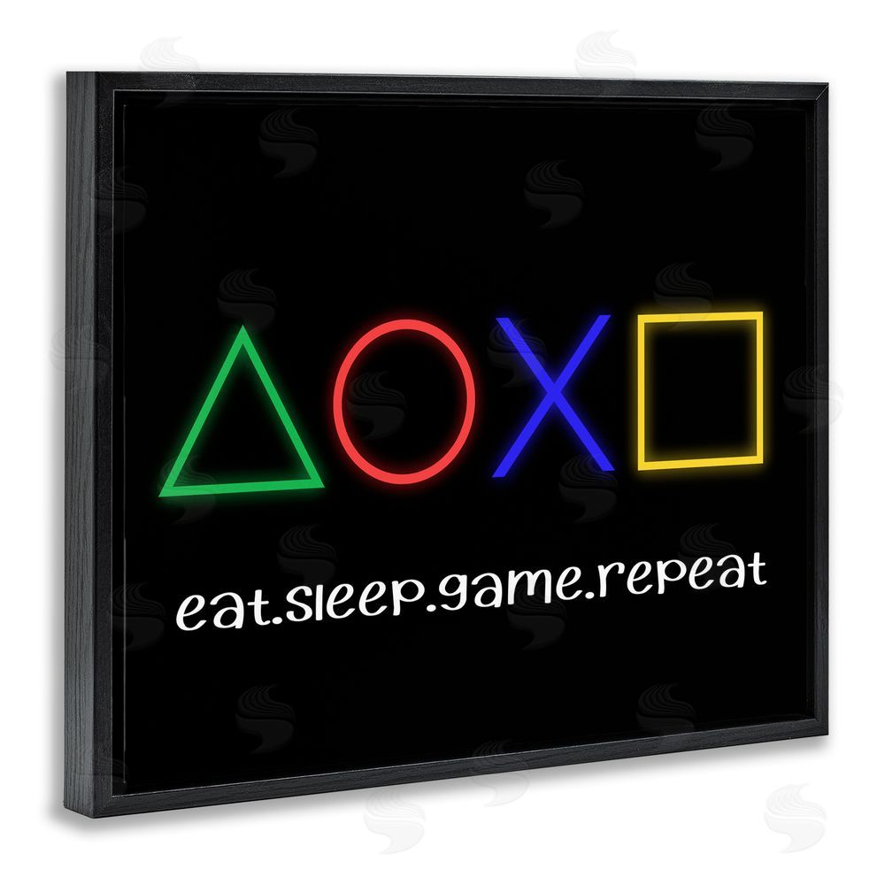 Christine Simpson Art Neon Gaming Symbols & Words Black Floating Frame Canvas Wall Art Print