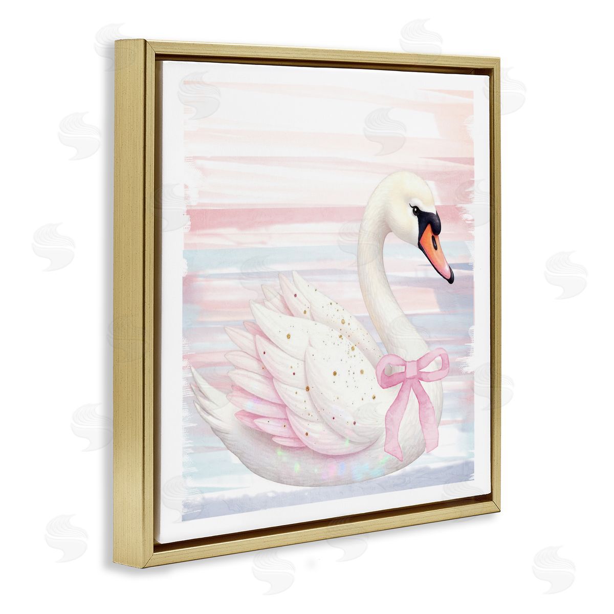 Kim Allen Pink Swan with Ribbon Gold Floating Frame Canvas Wall Art Print