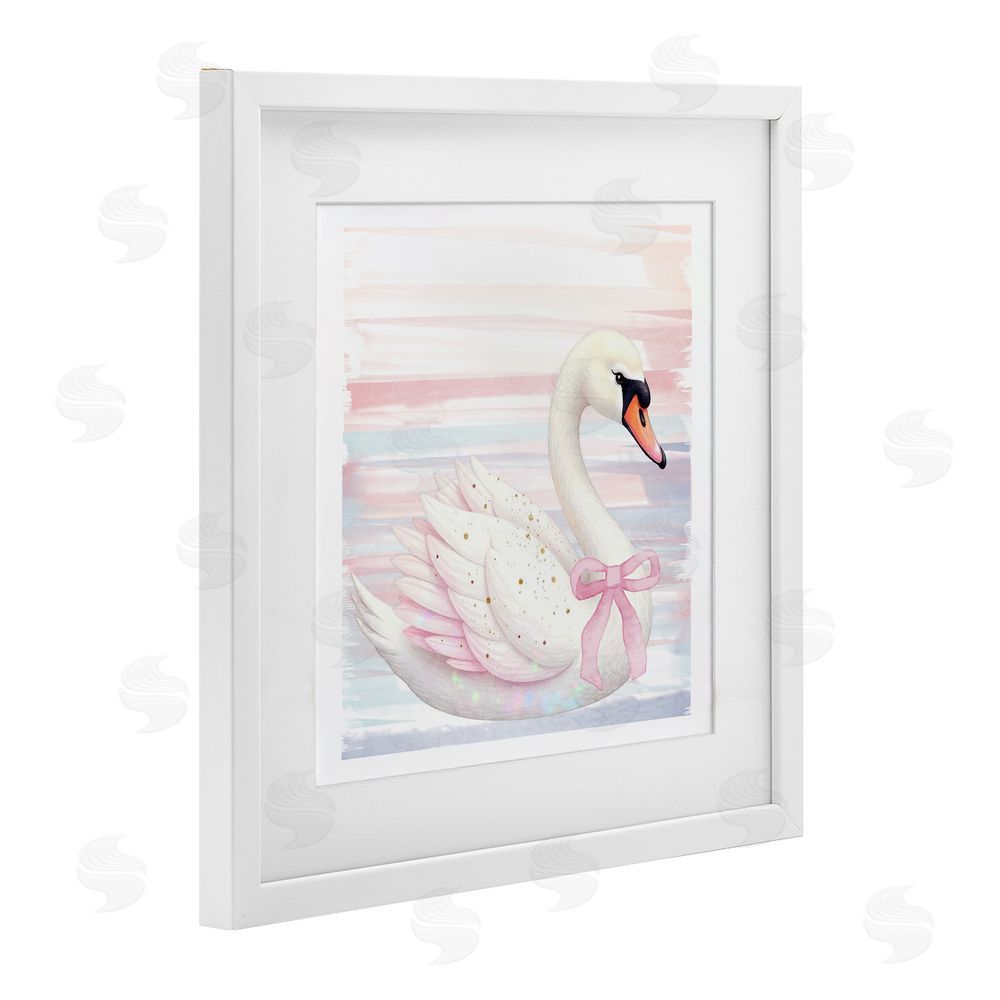 Kim Allen Pink Swan with Ribbon White Framed Print Under Glass Wall Art