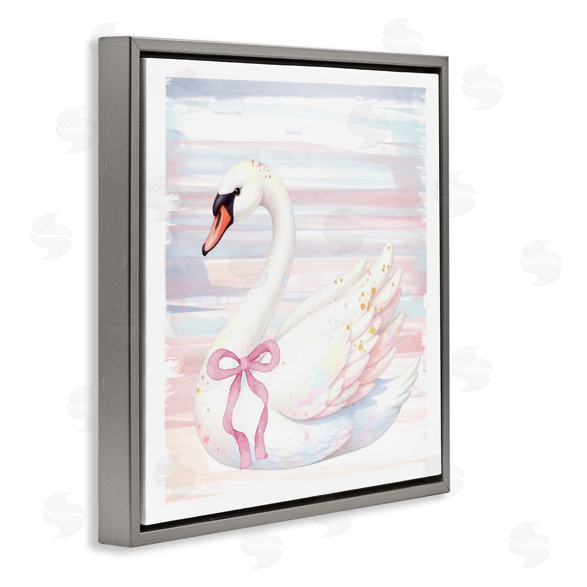 Kim Allen Pastel Swan with Ribbon Gray Floating Frame Canvas Wall Art Print