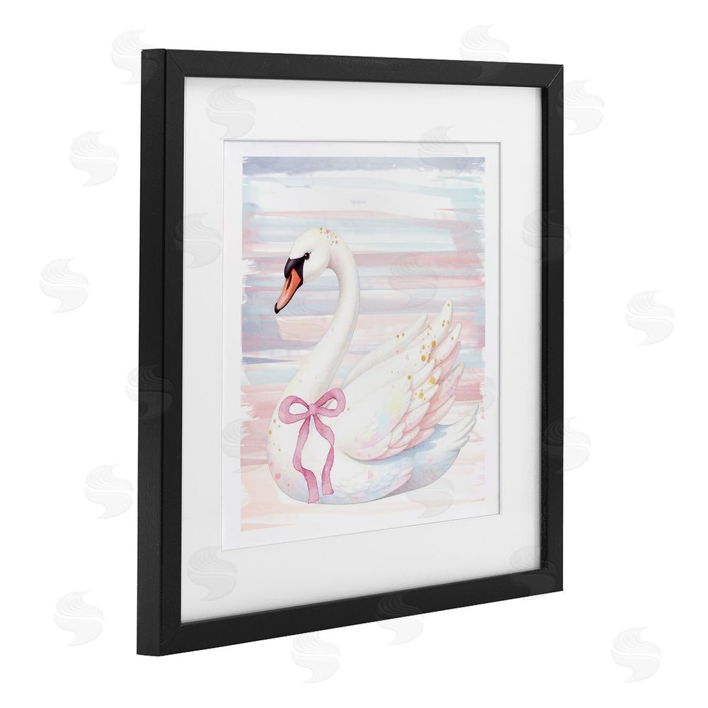 Kim Allen Pastel Swan with Ribbon Black Framed Print Under Glass Wall Art