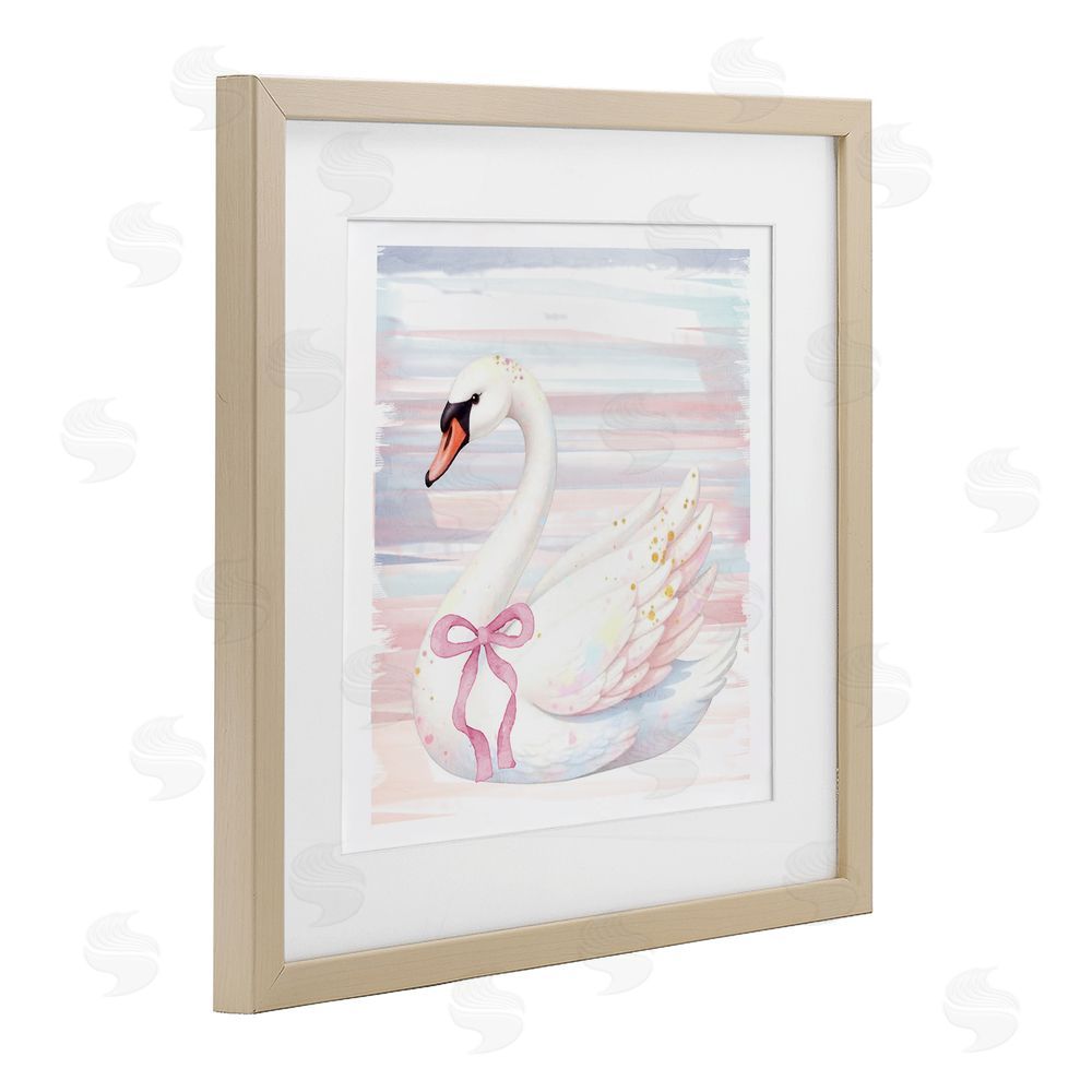 Kim Allen Pastel Swan with Ribbon Brown Framed Print Under Glass Wall Art