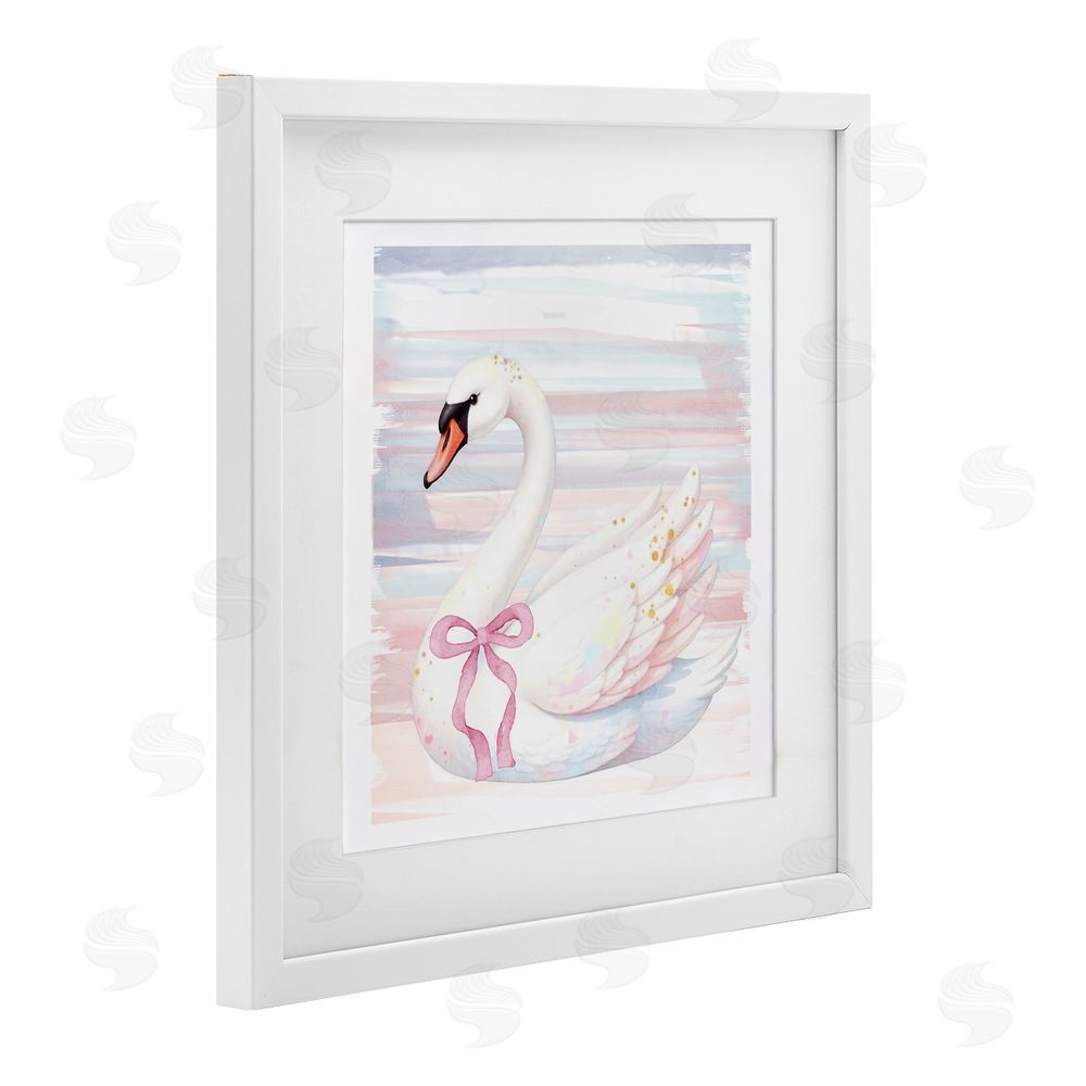 Kim Allen Pastel Swan with Ribbon White Framed Print Under Glass Wall Art