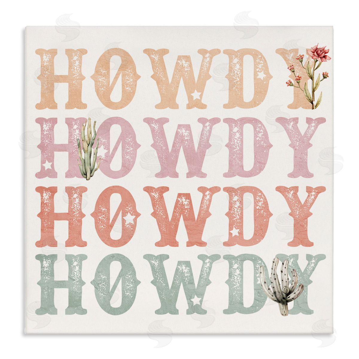 Kim Allen Vintage Howdy Rainbow Text Stretched Canvas Wall Art Print