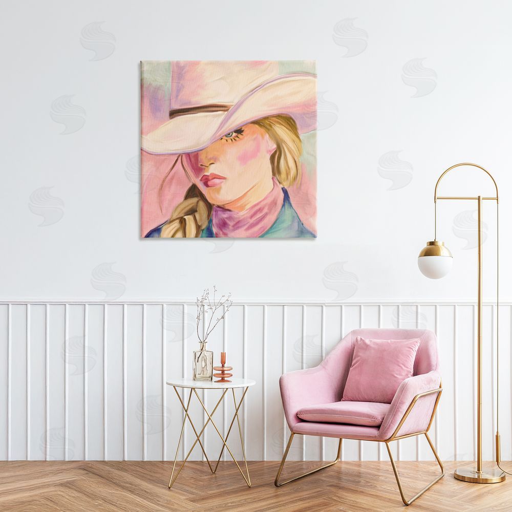 Kim Allen Pastel Cowgirl Gaze Beneath Hat Stretched Canvas Wall Art Print in Room