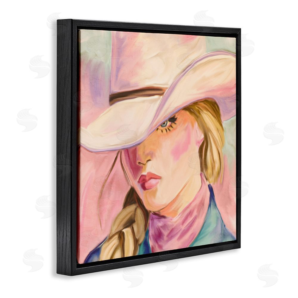 Kim Allen Pastel Cowgirl Gaze Beneath Hat Black Floating Frame Canvas Wall Art Print