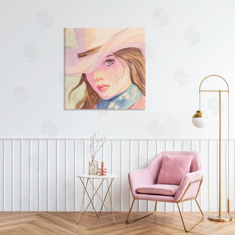 Kim Allen Pastel Cowgirl Brunette Stretched Canvas Wall Art Print in Room