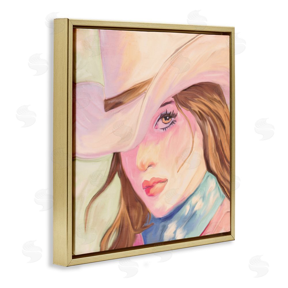 Kim Allen Pastel Cowgirl Brunette Gold Floating Frame Canvas Wall Art Print