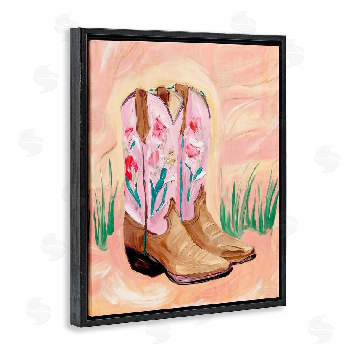 Kim Allen Floral Pinks Boots Black Floating Frame Canvas Wall Art Print