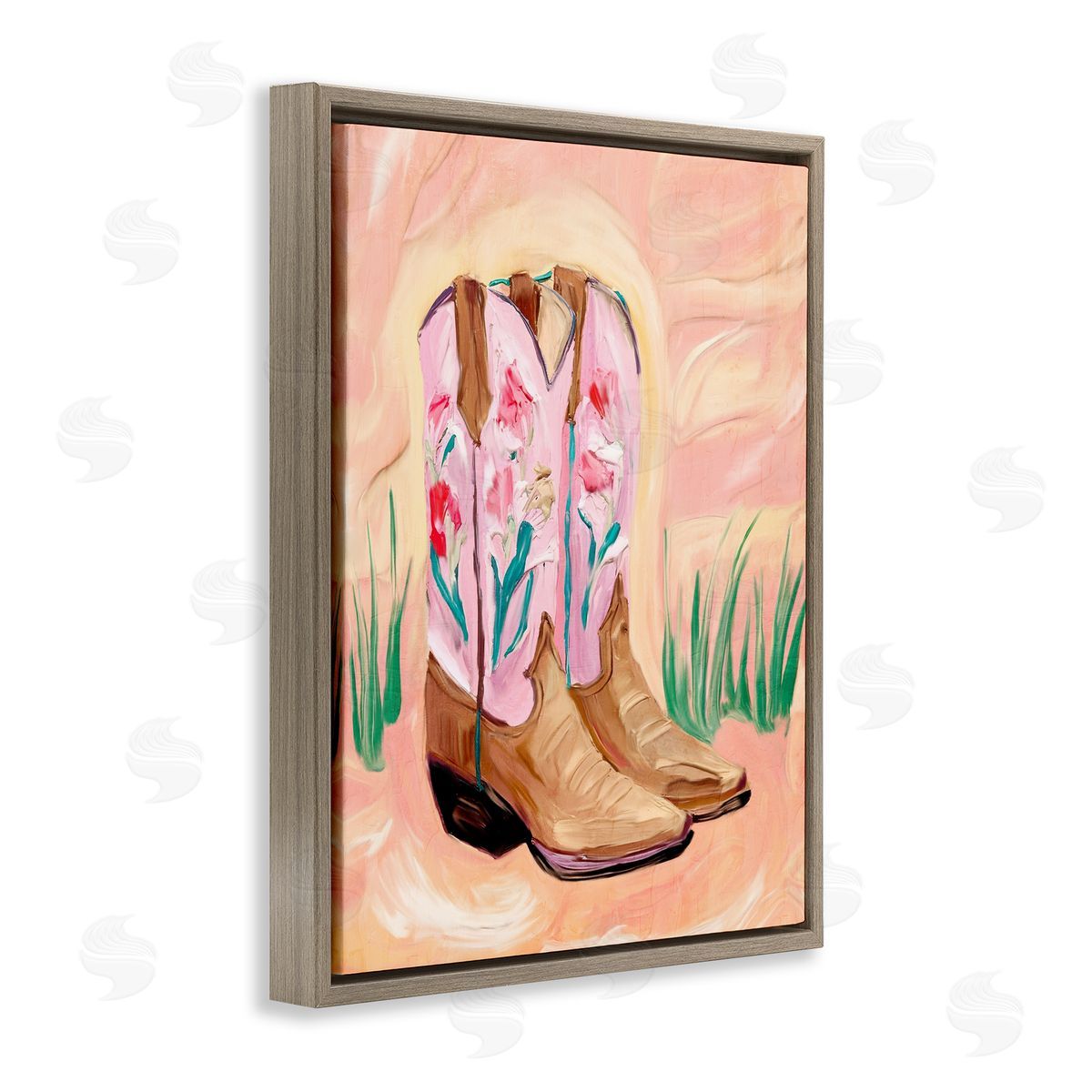 Kim Allen Floral Pinks Boots Brown Floating Frame Canvas Wall Art Print