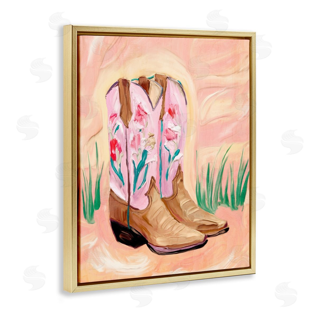 Kim Allen Floral Pinks Boots Gold Floating Frame Canvas Wall Art Print