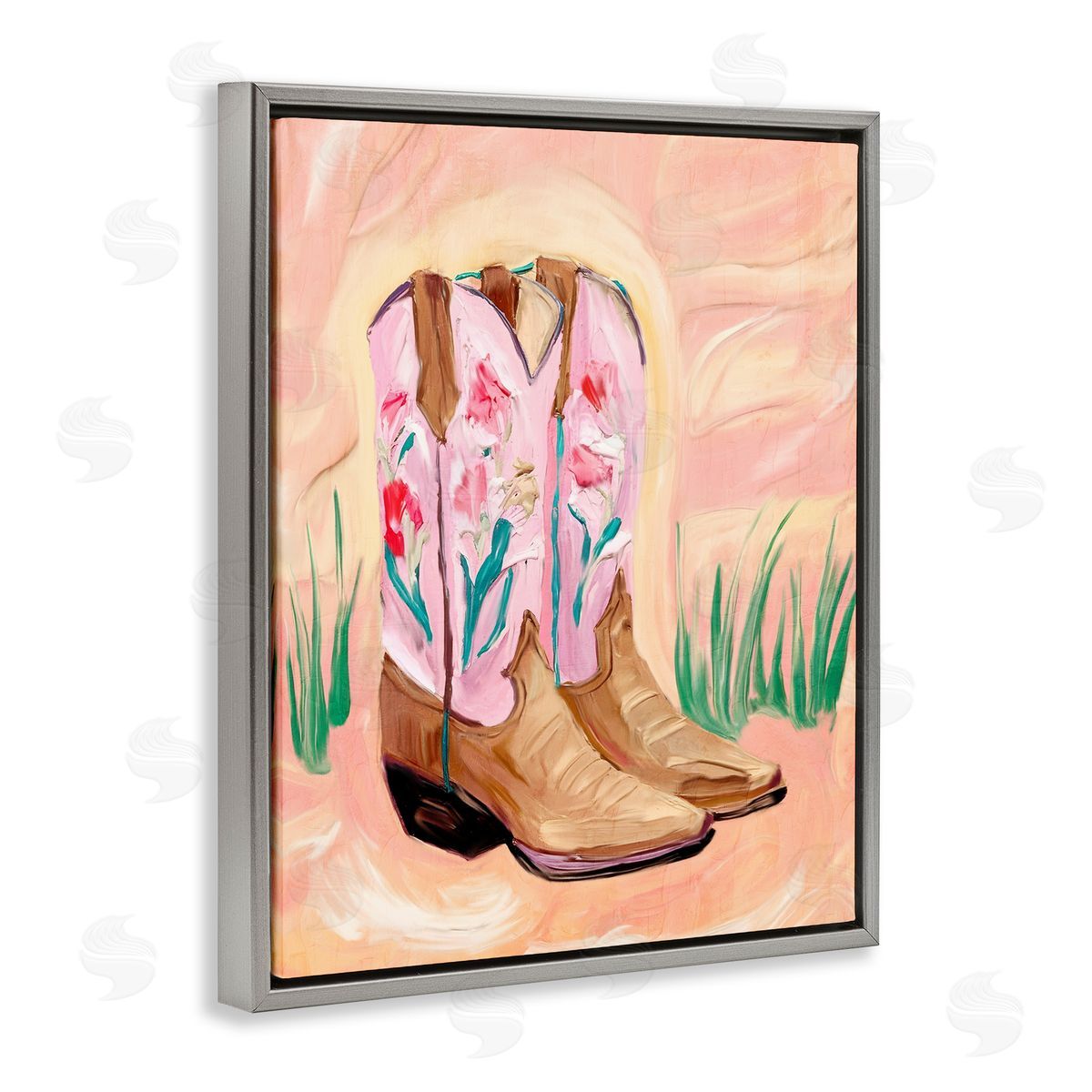 Kim Allen Floral Pinks Boots Gray Floating Frame Canvas Wall Art Print