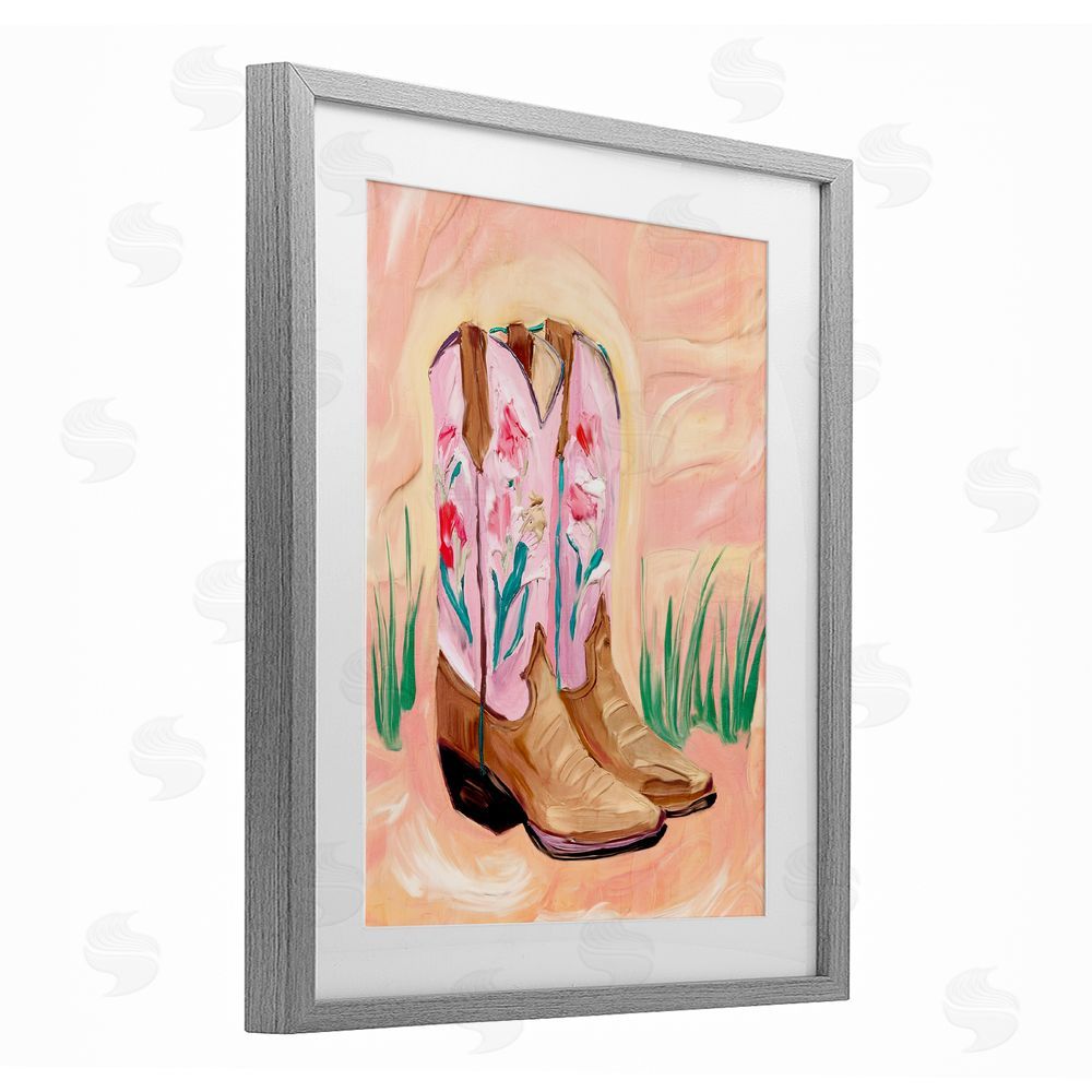 Kim Allen Floral Pinks Boots Gray Framed Print Under Glass Wall Art