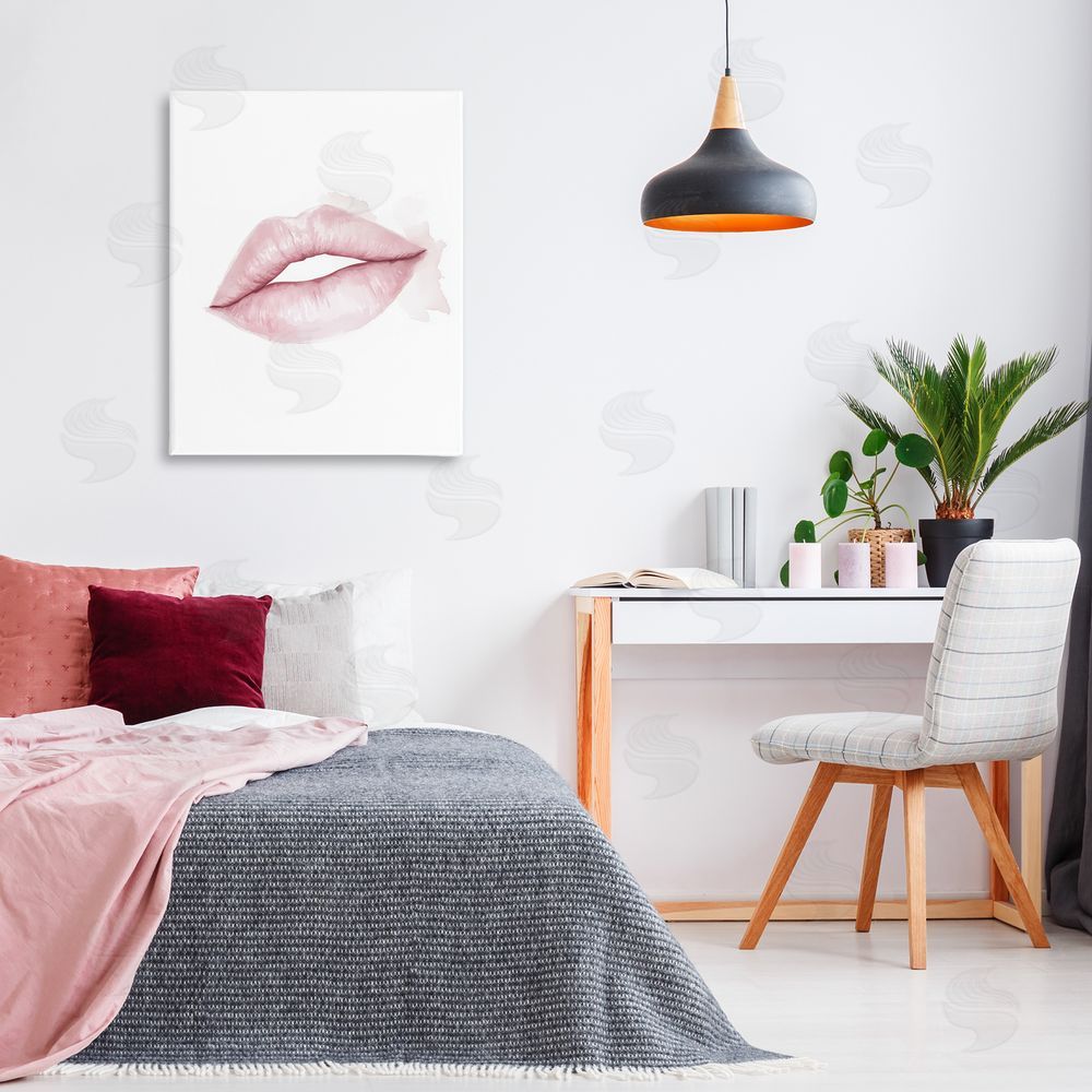 Christine Simpson Art Pink Lips Watercolor Stretched Canvas Wall Art Print in Room