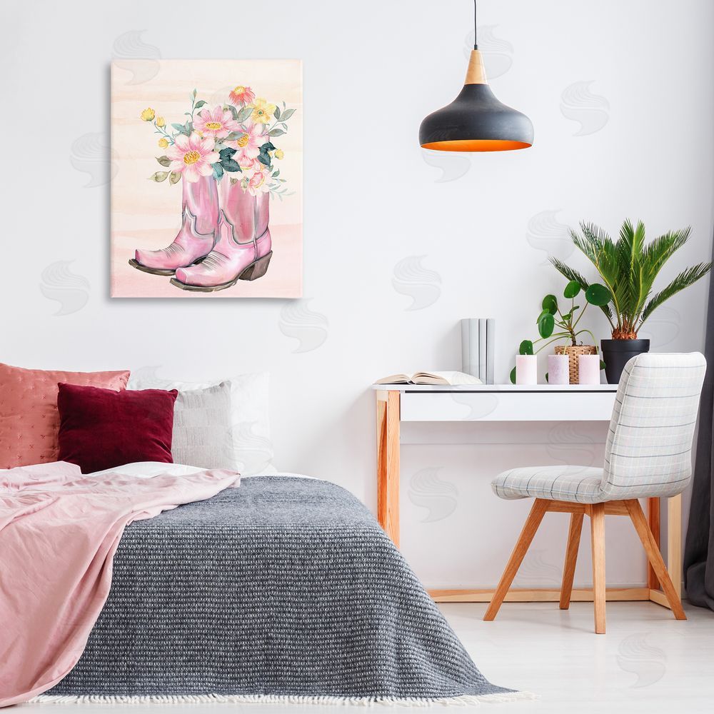 Kim Allen Wildflower Floral Boots Stretched Canvas Wall Art Print in Room