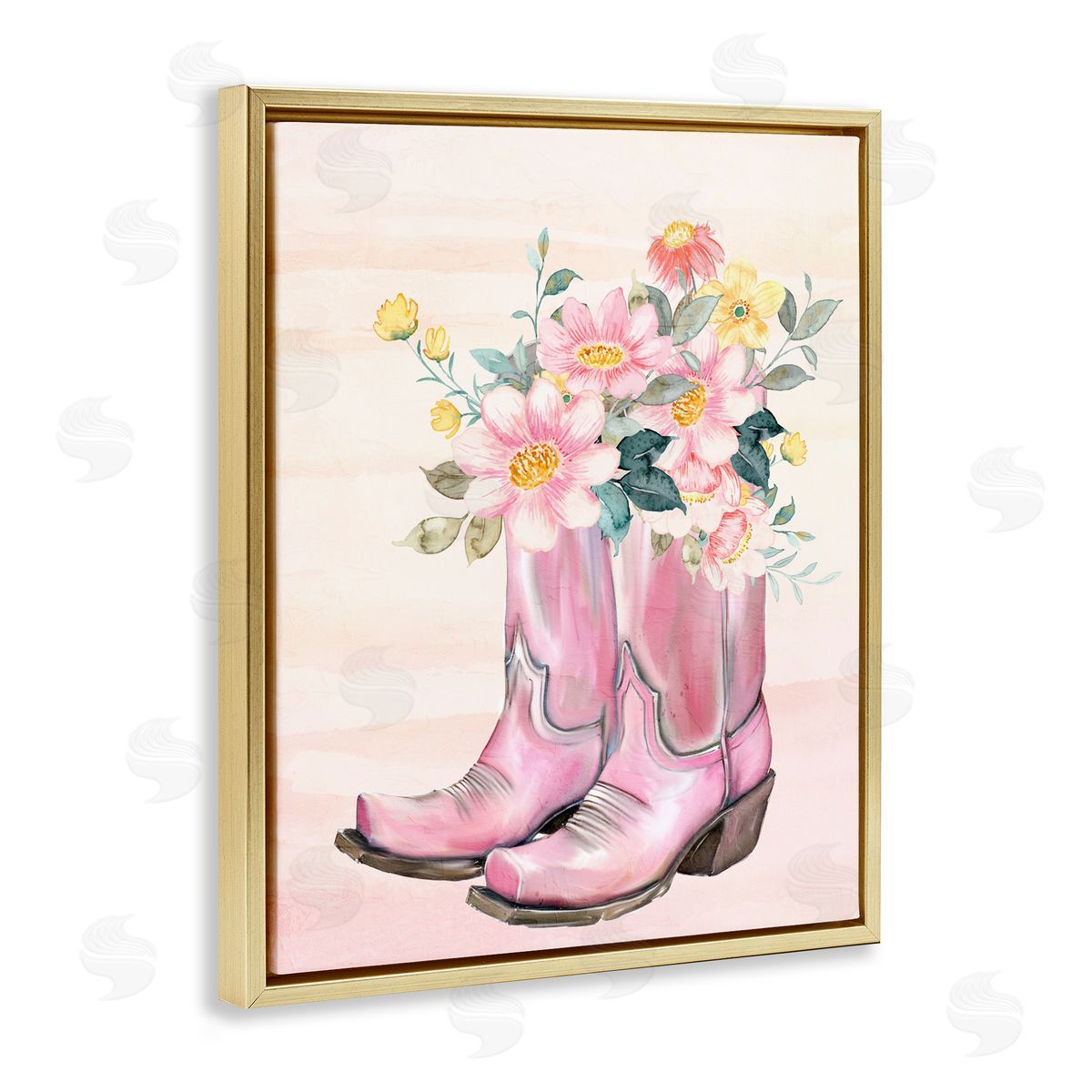 Kim Allen Wildflower Floral Boots Gold Floating Frame Canvas Wall Art Print