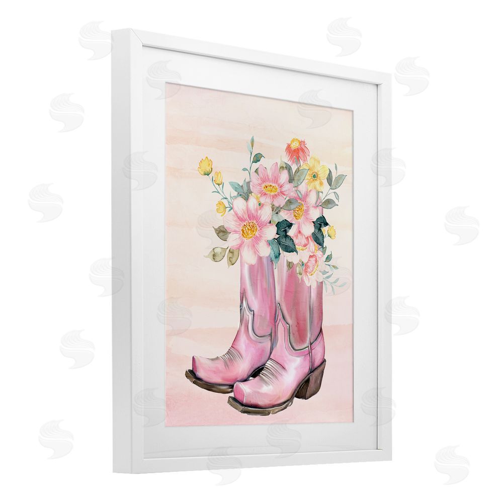 Kim Allen Wildflower Floral Boots White Framed Print Under Glass Wall Art