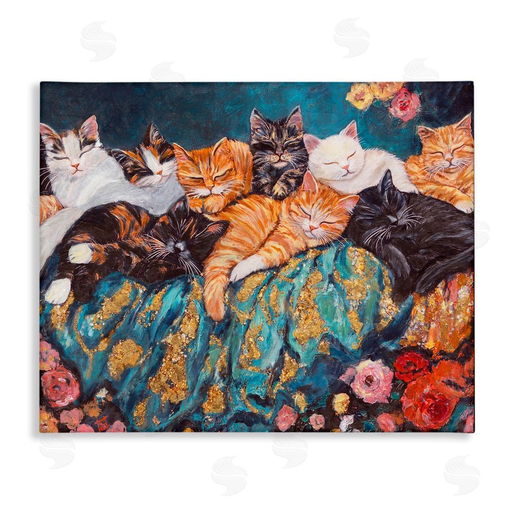 Sara Culpepper Sleepy Kitty Crowd with Flowers Stretched Canvas Wall Art Print