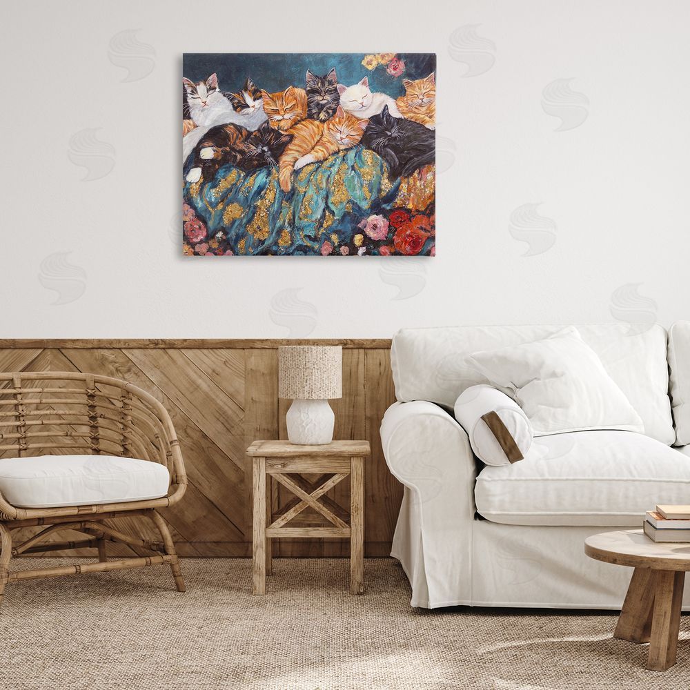 Sara Culpepper Sleepy Kitty Crowd with Flowers Stretched Canvas Wall Art Print in Room