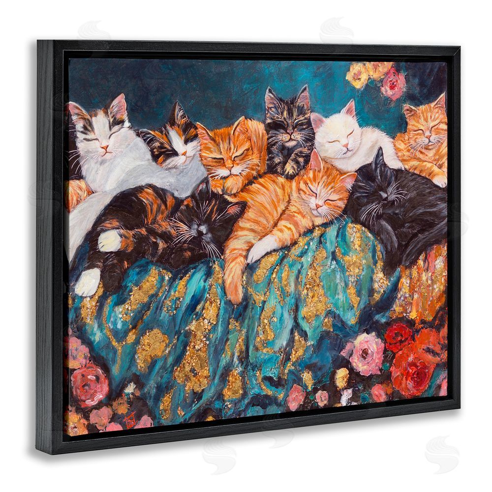 Sara Culpepper Sleepy Kitty Crowd with Flowers Black Floating Frame Canvas Wall Art Print