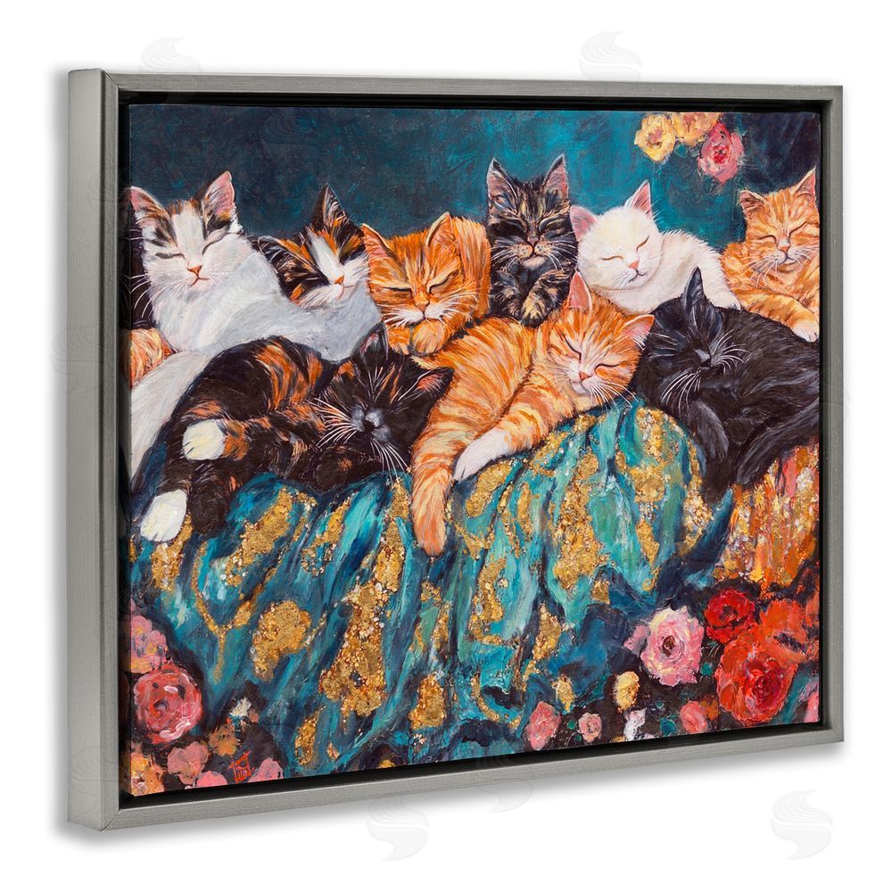 Sara Culpepper Sleepy Kitty Crowd with Flowers Gray Floating Frame Canvas Wall Art Print