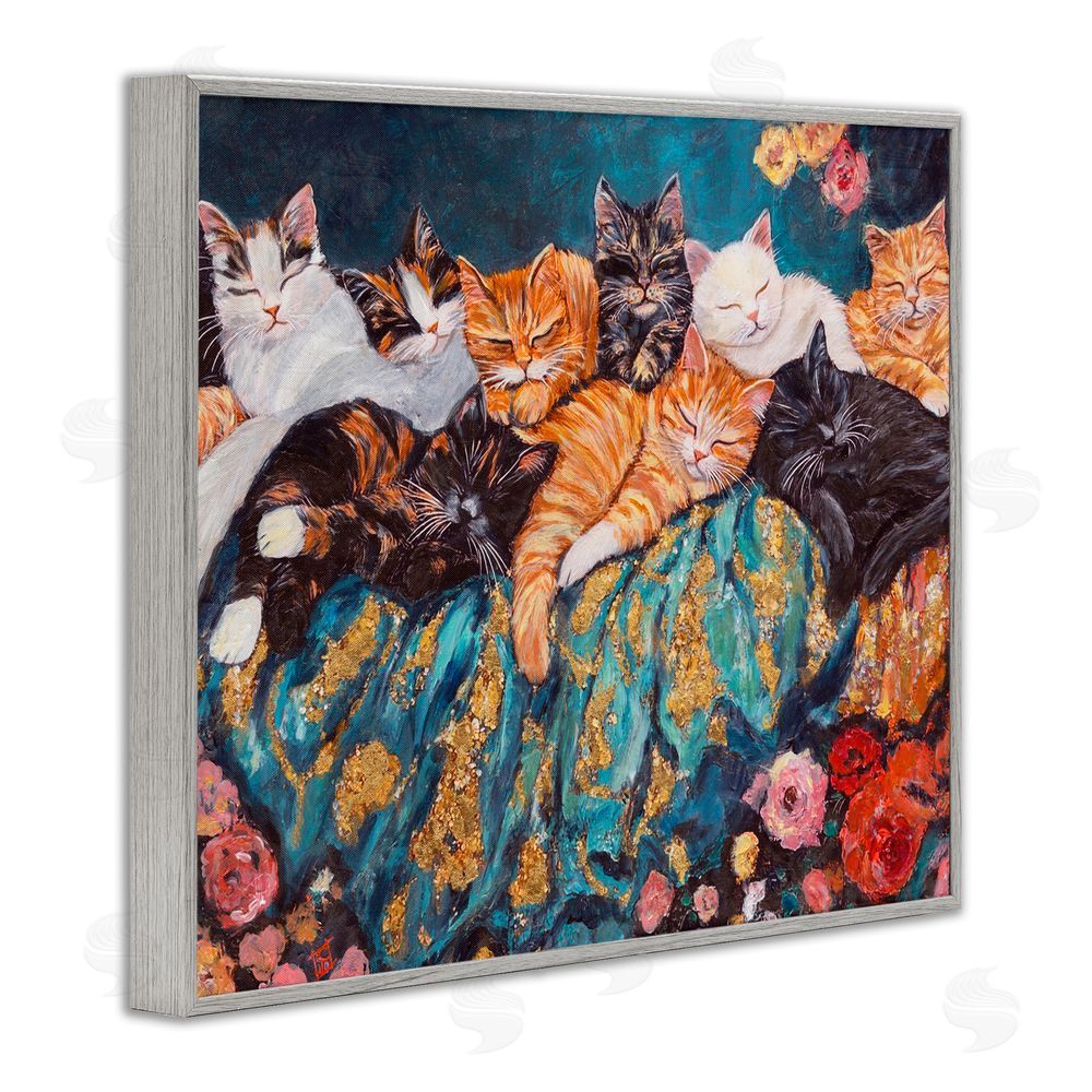 Sara Culpepper Sleepy Kitty Crowd with Flowers Gray Framed Giclee Print Wall Art