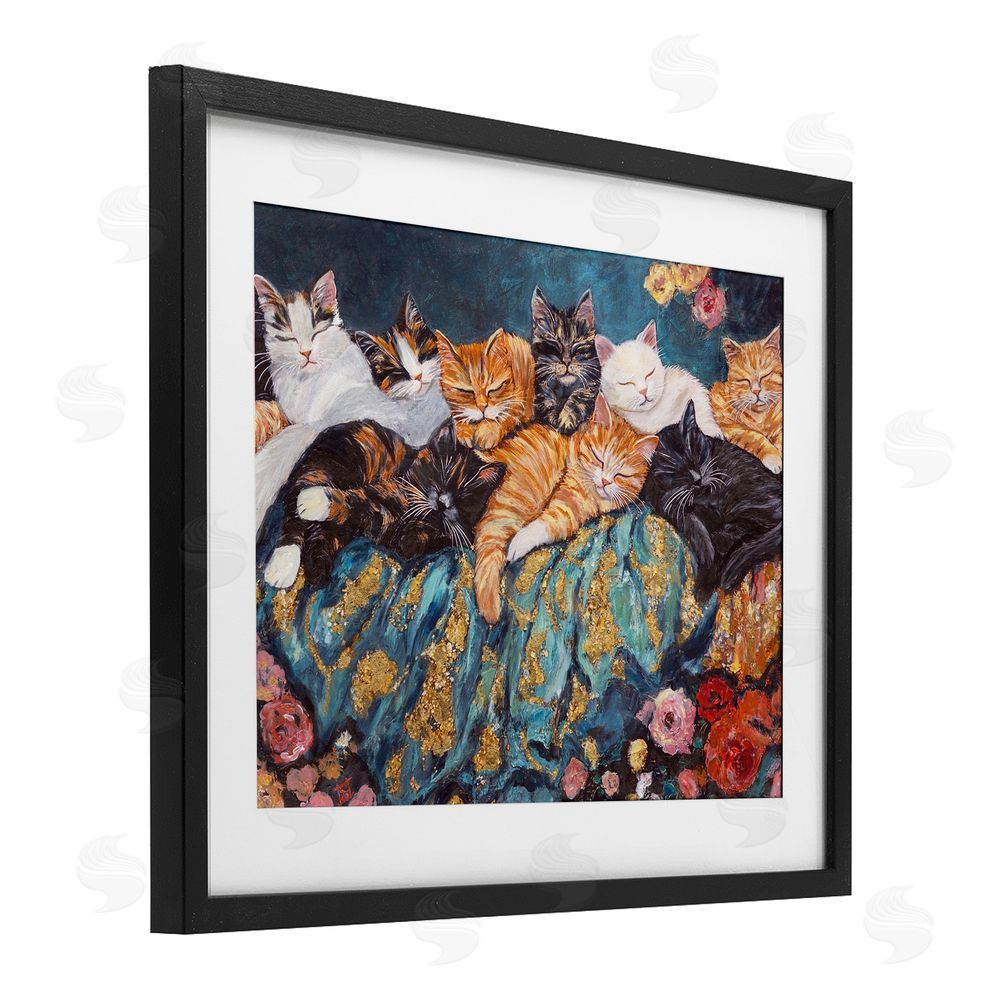 Sara Culpepper Sleepy Kitty Crowd with Flowers Black Framed Print Under Glass Wall Art